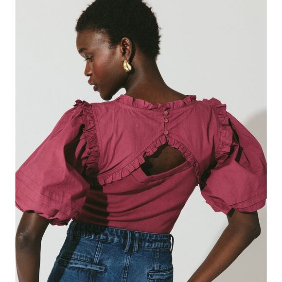 Cleobella Lois Short Puff Poplin Sleeve Blouse in Plum Size XS - Picture 3 of 7